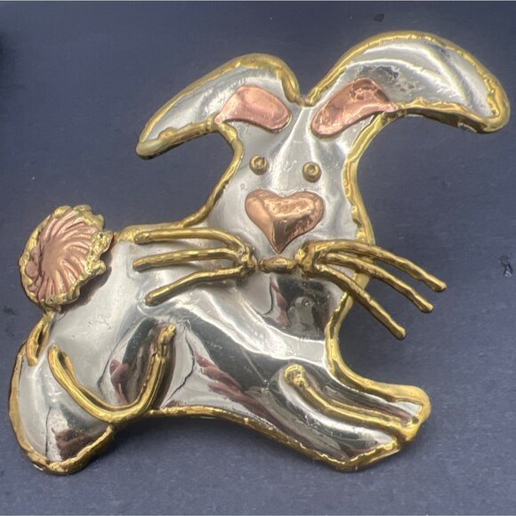Artisan Handcrafted  Signed SJ Jewelry - Bunny Rabbit Brooch Pendant Signed SJ Christmas Ornament Nursery Decor Tri tone